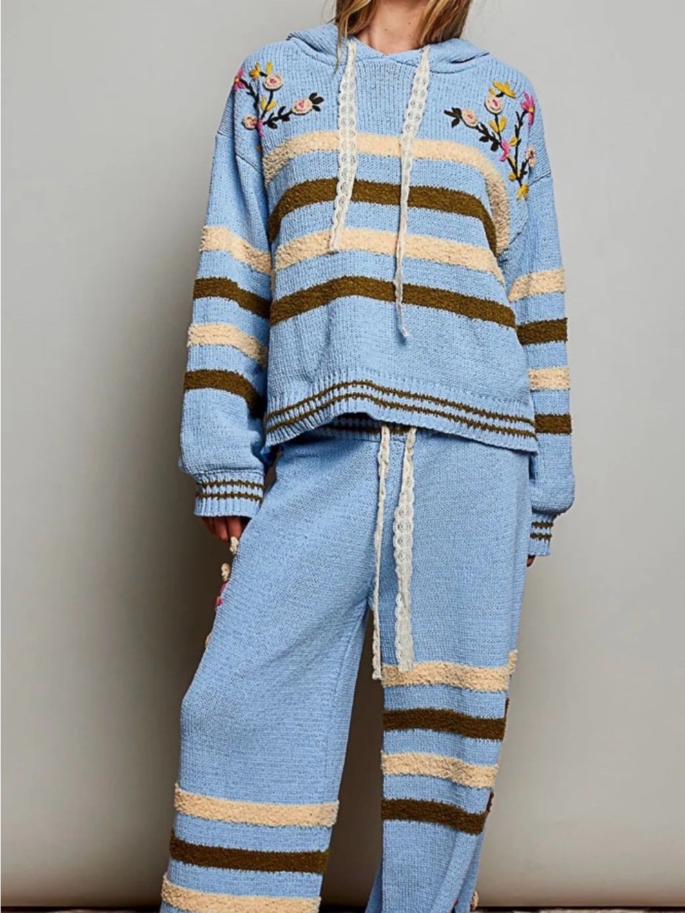 POL Light Blue Striped Chenille/ Embroidered Florals Sweater Set